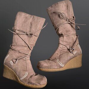 Y2K Beige Suede Faux Fur Wedge Lace Up Boots Size 9 2000s Boho Knee high